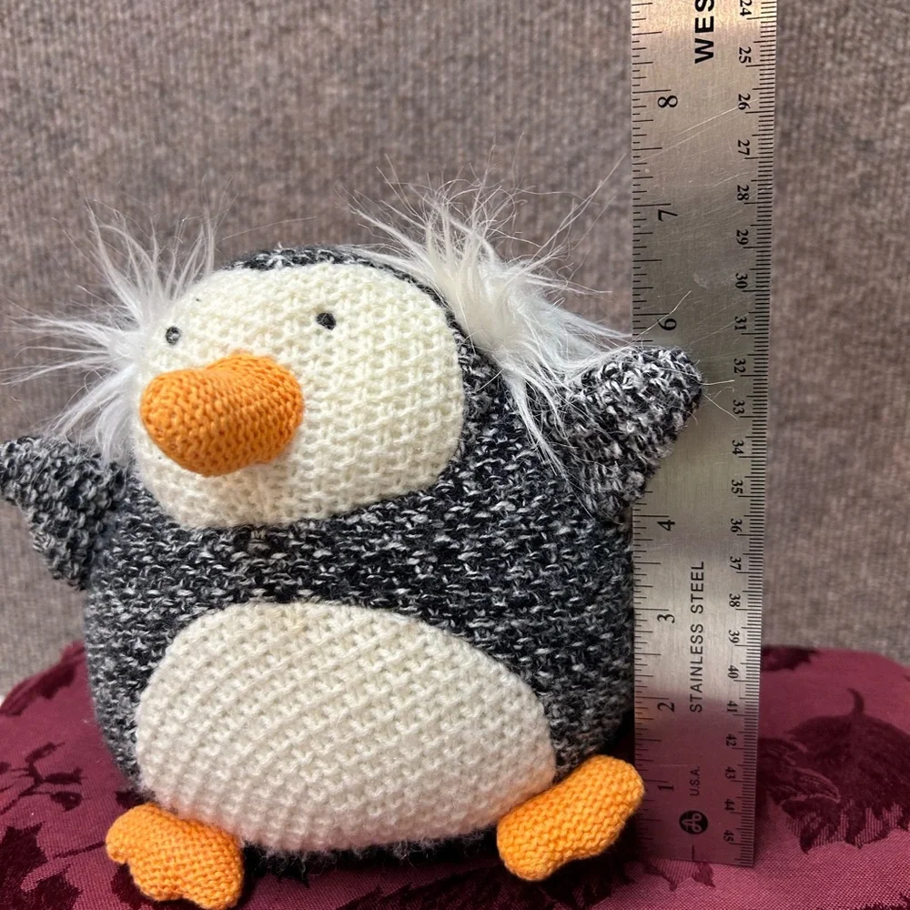 Anthropologie knitted Black and White Penguin with earmuffs‎ Plush Stuffy Toy